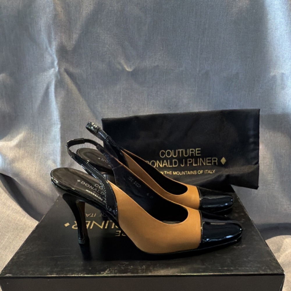 Donald J Pliner Slingback Stiletto Heels Cap Toe Colorblock Camel Black. Y2K - Picture 3 of 5